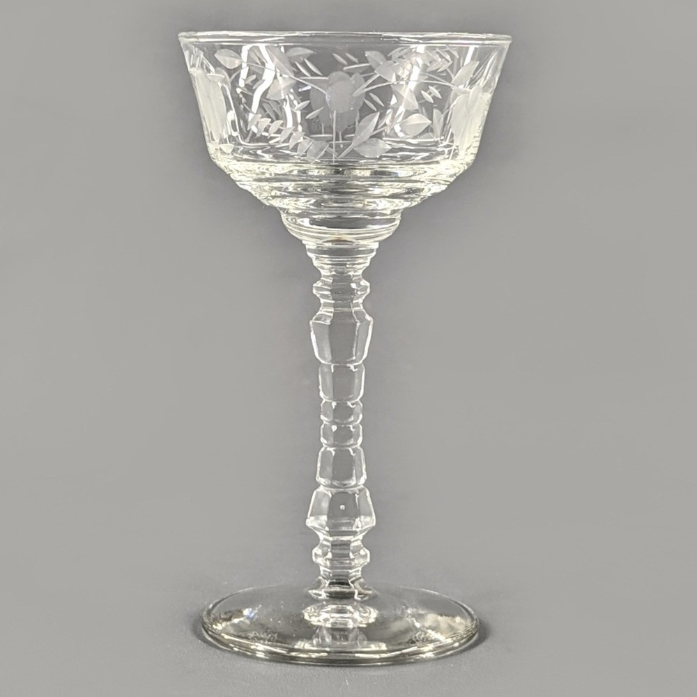 Vintage Fostoria Etched Floral Crystal Champagne Coupe Tall Sherbet Glass 6in